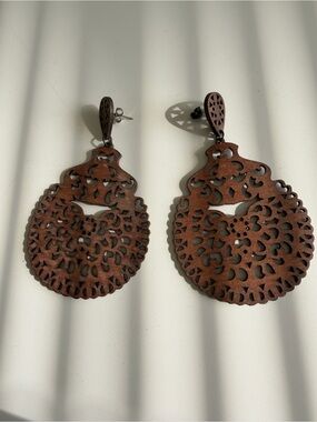Brown Wood Filigree Teardrop Earrings
